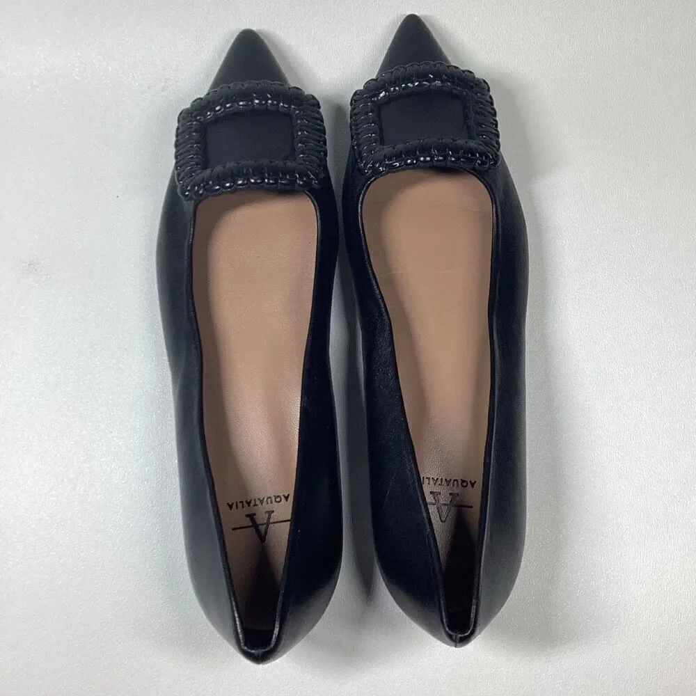Aquatalia Adorned Black Woven‎ Leather Square Toe Flats  Size 7